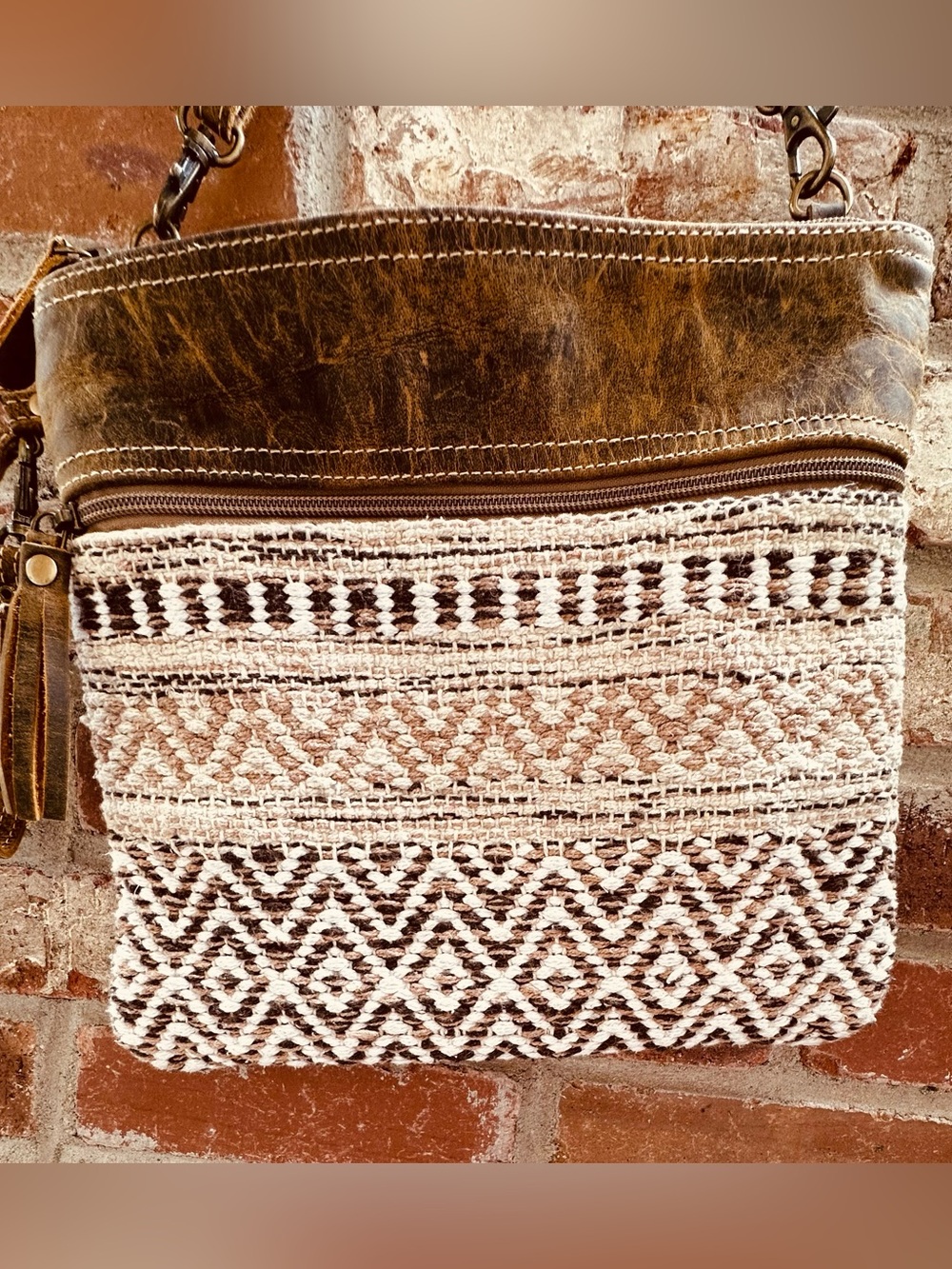 Myra Contentment Small Crossbody Bag Geometric Woven Rug Brown Leather